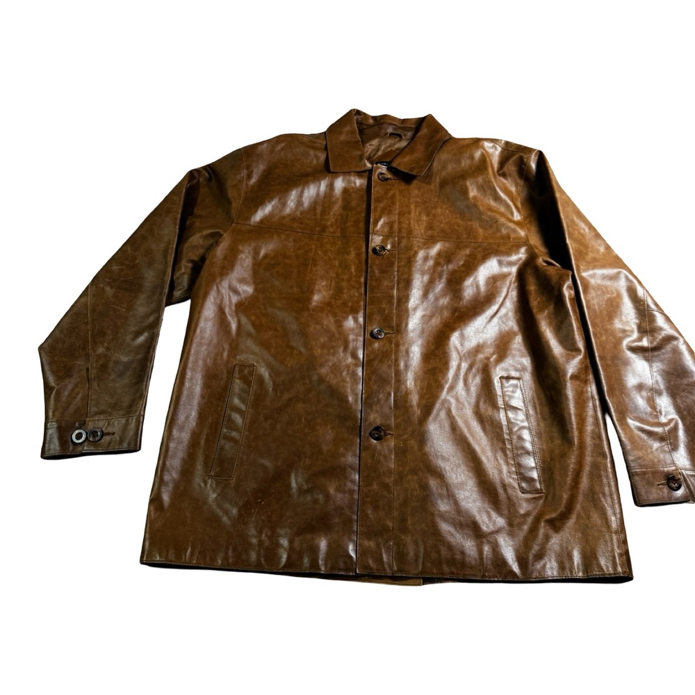 Mark Shale Leather Car Coat Mens XL Brown Good Vintage 90s Minimalist Cognac